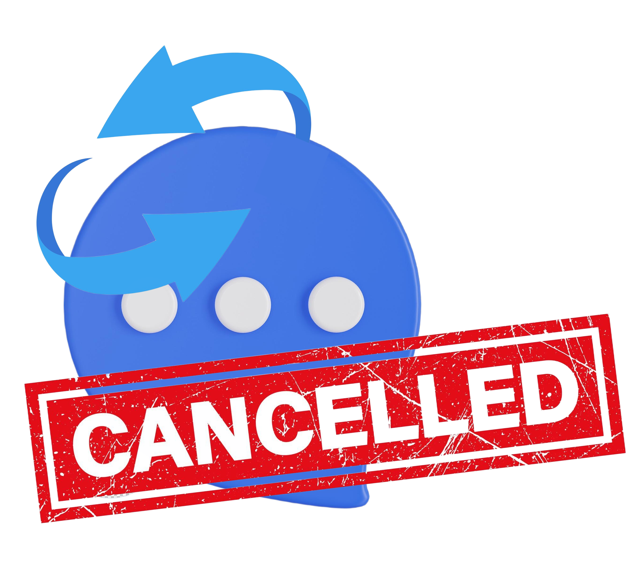Chat bubble with rotation arrows and a red ‘Cancelled’ stamp, symbolizing that unanswered messages on Talktome.bio are automatically canceled and not charged.
