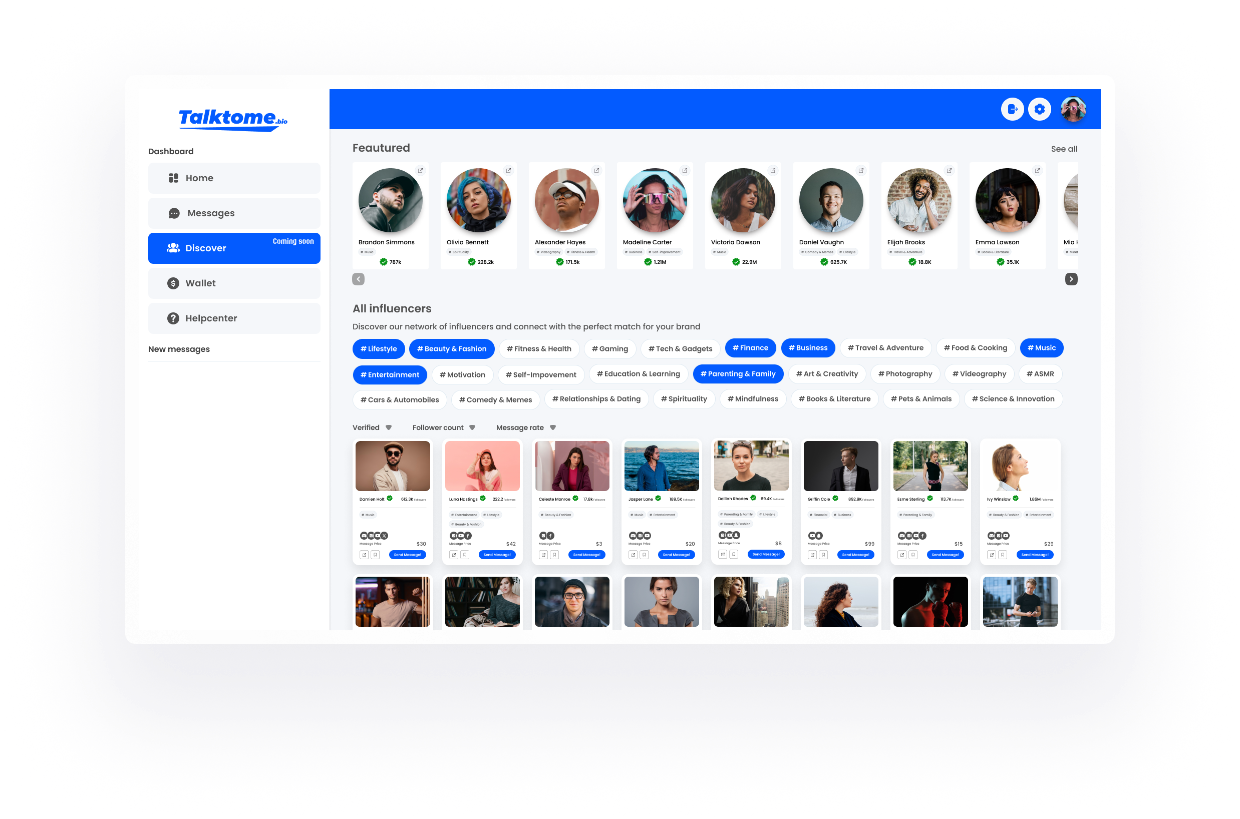 Talktome.bio influencer discovery page showing featured creators, categories for filtering, and a grid of influencer profiles with follower counts and messaging rates.