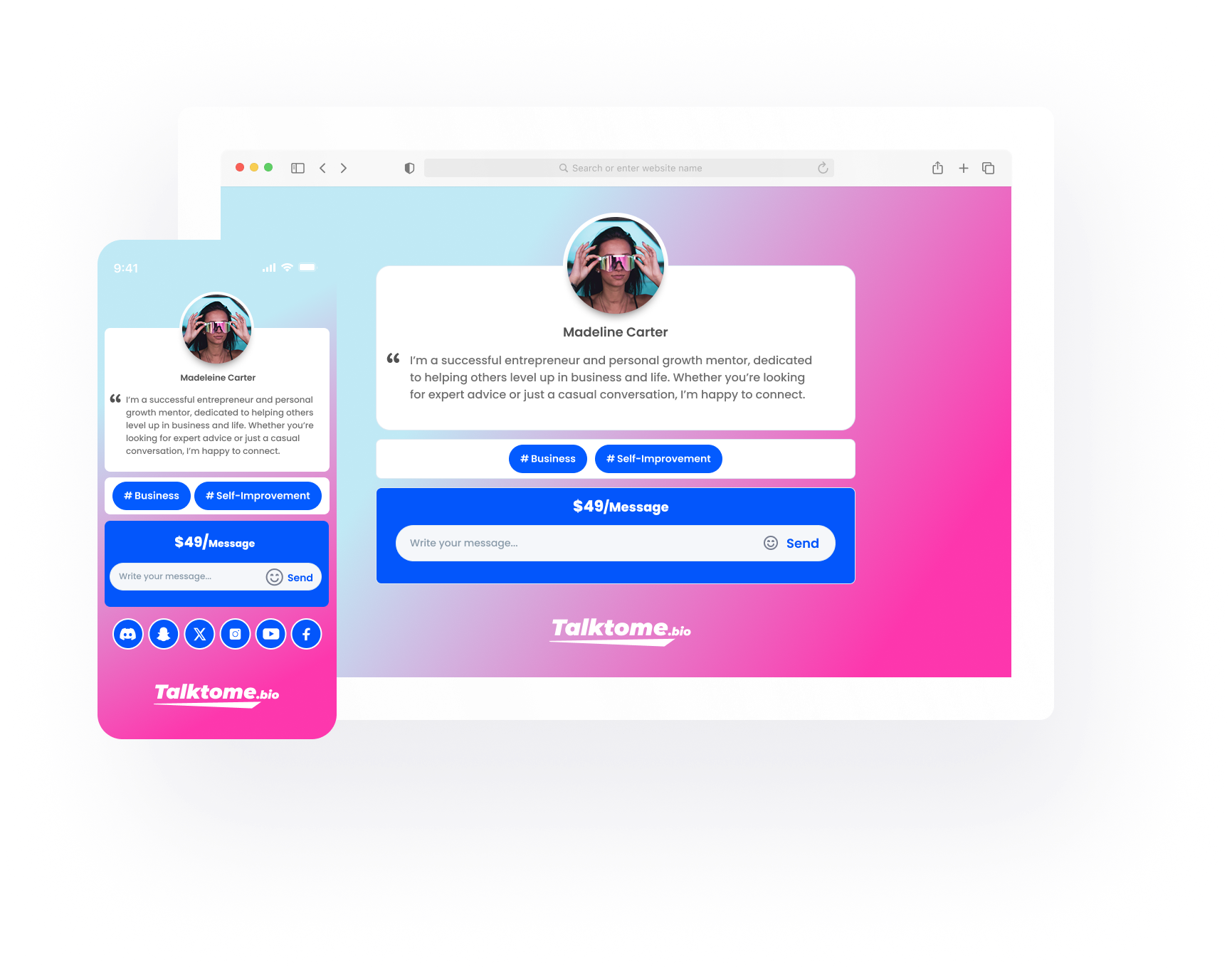 Responsive Talktome.bio profile page shown on desktop and mobile, displaying categories, pricing, and message form.