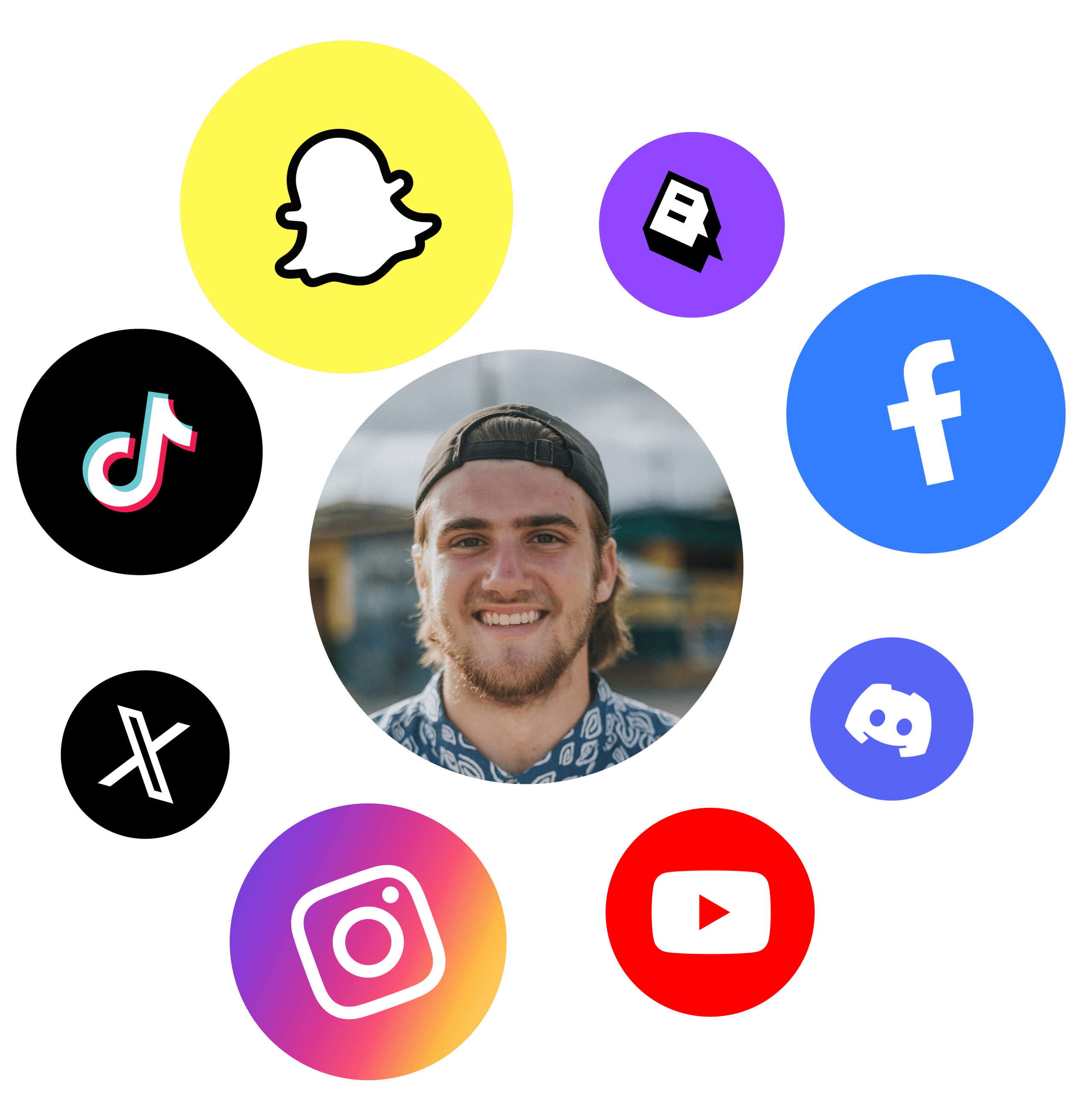 Smiling male surrounded by social media icons including Instagram, TikTok, Snapchat, YouTube, Facebook, Discord, and more, representing multi-platform engagement.