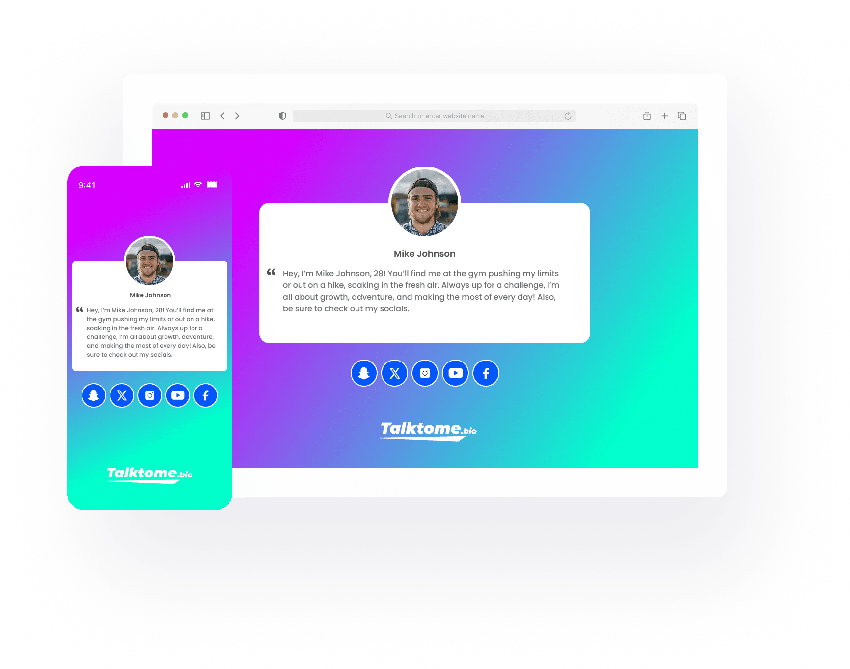 Responsive preview of Talktome.bio follower profile, showing personal bio and social media icons on desktop and mobile screens.