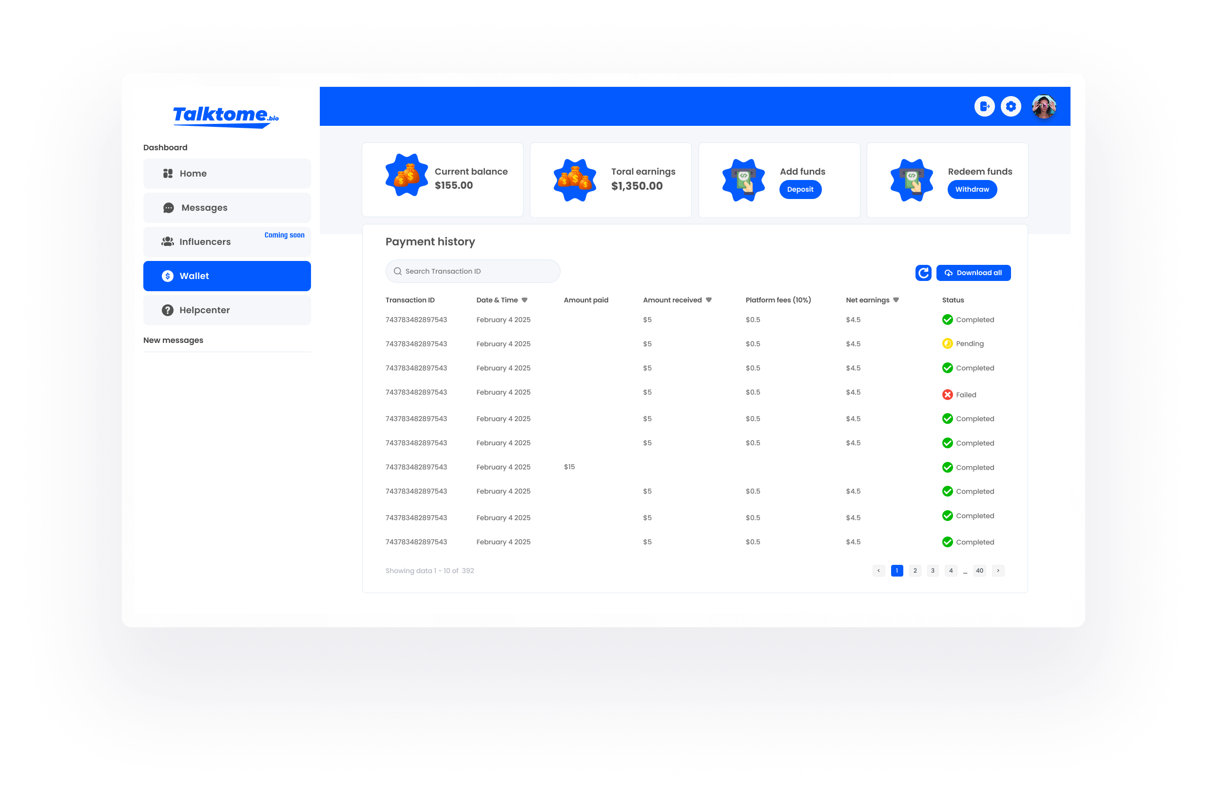 Talktome.bio wallet dashboard showing current balance, total earnings, and a transaction history table with status indicators.